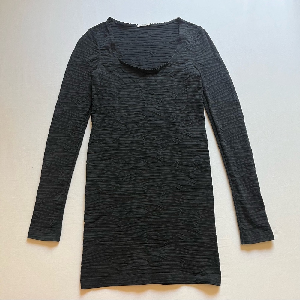 WOLFORD black raised textured burnout knit lace trim scoop neck bodycon mini‎